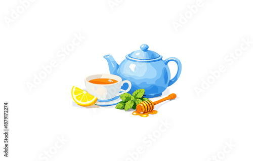 Refreshing tea with lemon, honey, and blue teapot on white background