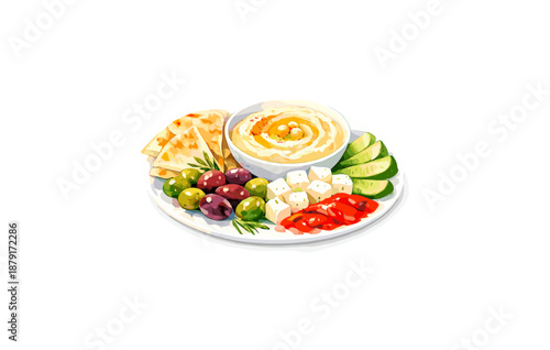 Mediterranean platter with hummus, olives, cheese, and vegetables on a white plate