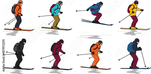 Eight skiers in varied dynamic and stable poses with colorful gear, helmets, poles, backpacks, flat vector illustration