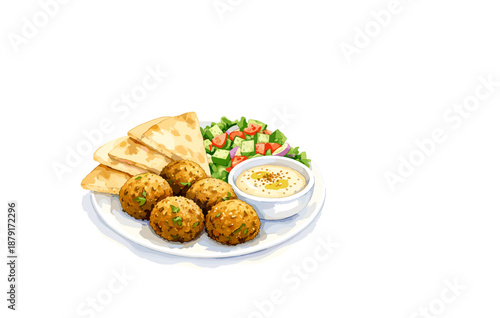 Delicious falafel plate with hummus, pita bread, and fresh salad