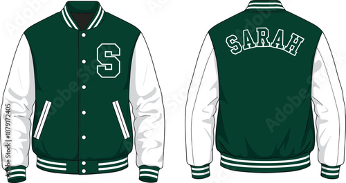 Custom varsity jacket with letter S and name Sarah, green white apparel, front and back view, stylish, flat vector illustration