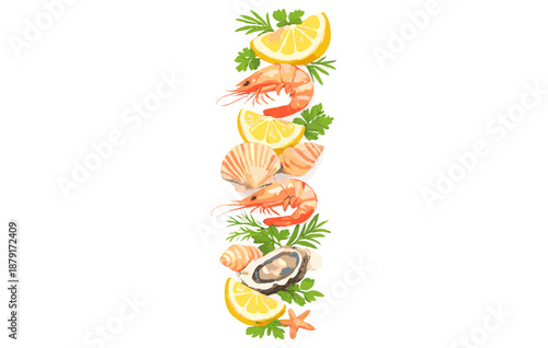 Vertical seafood arrangement with shrimp, shells, lemon slices, and herbs