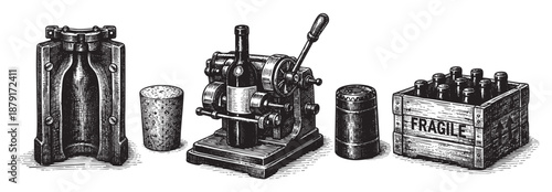 A vintage-style illustration depicts wine making equipment, including a bottle press, corks, crate, rendered in a detailed black and white etching style.