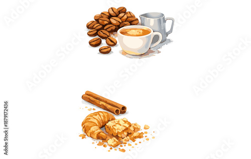 Coffee cup and creamer with croissant and cinnamon sticks on white background