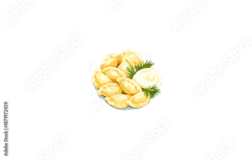 Delicious potato dumplings with sour cream and dill garnish