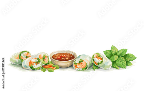 Fresh vietnamese spring rolls with spicy dipping sauce and mint leaves