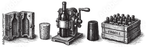 Detailed vintage style engraving shows the winemaking process, including bottle molds, cork press, corks, and a crate of wine bottles.