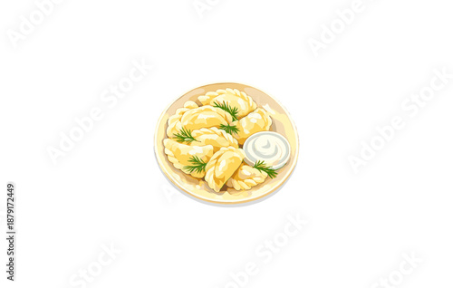 Delicious plate of dumplings with dill and sour cream on white background
