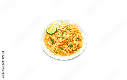 Delicious thai pad thai with shrimp, lime, and peanuts on white plate