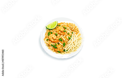Delicious pad thai with lime and bean sprouts on white plate