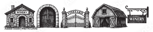 Hand sketched buildings in a row, perfect for creating wine labels or vineyard logos, rendered in black and white for a vintage feel.