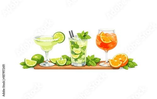 Vibrant assortment of refreshing citrus cocktails with mint and lime garnish