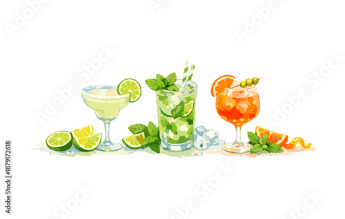 Colorful assortment of fresh cocktails with lime and mint garnishes