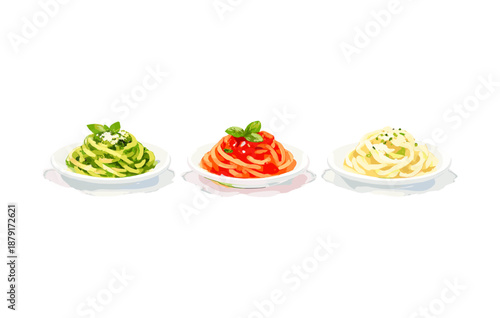 Three plates of pasta with pesto, marinara, and alfredo sauces on white background