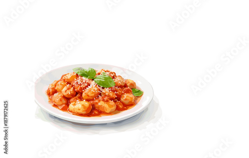Delicious gnocchi served with tomato sauce and basil on a white plate