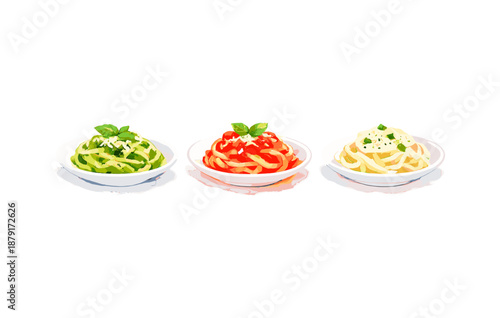 Trio of pasta dishes with basil garnish and varied sauces