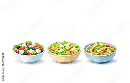 Assorted bowls of salad with fresh vegetables and cheese
