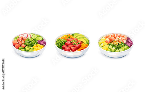 Vibrant poke bowls with fresh vegetables, fish, and toppings