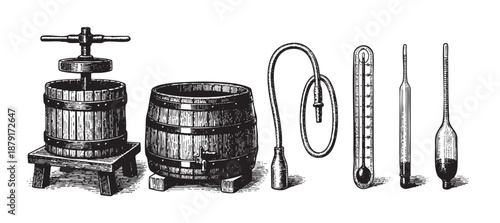 Detailed engraved illustration featuring winemaking tools: wine press, barrel with tap, thermometer, hydrometer, and bottle with tube, ideal for historical or beverage-themed designs.