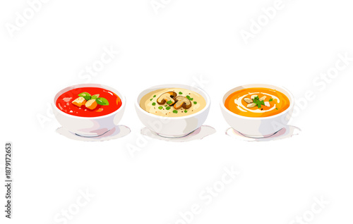 Variety of delicious soups: tomato, mushroom, and pumpkin in white bowls