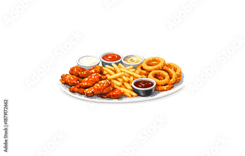 Delicious platter with chicken wings, onion rings, fries, and dipping sauces