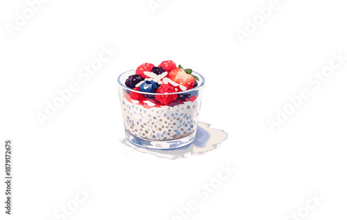 Chia seed pudding with fresh berries in a clear glass