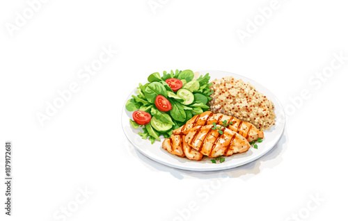 Grilled chicken with quinoa and fresh salad on plate