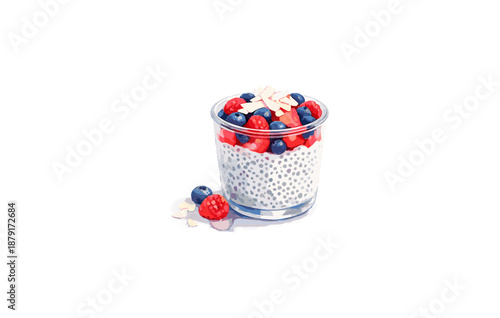 Glass of chia pudding with fresh berries and almond slices on white background