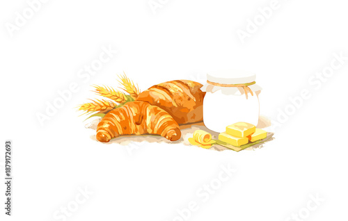 Fresh baked croissants with butter and wheat stalks on white background