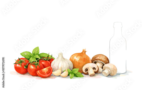 Fresh ingredients for cooking: tomatoes, garlic, onion, mushrooms, herbs, olive oil bottle