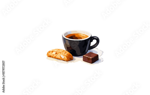 Black coffee with biscotti and chocolate cube on white background