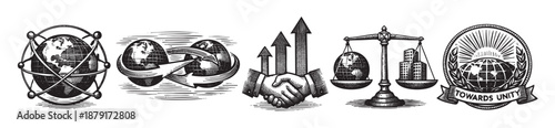 Black and white illustration showing symbols for global connections, partnerships, justice and unity to convey cooperation, international business, and sustainable growth opportunities.