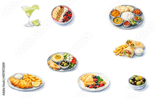 Assorted international dishes and drinks on white background