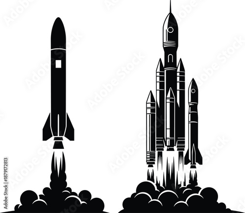 Rocket launch silhouette, space shuttle, flame propulsion, dual design, black and white, space vehicle, flat vector illustration, lift-off, engineering, motion