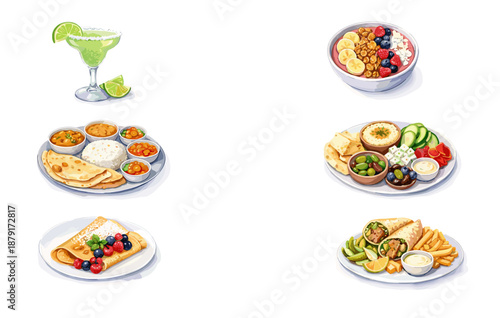 Diverse cuisine dishes: mexican margarita, indian thali, greek meze, fresh smoothie bowl, fruity crepe