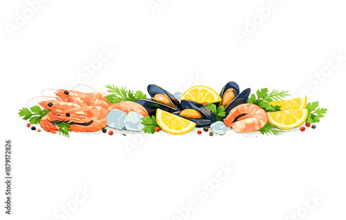 Fresh seafood platter with shrimp, mussels, lemon slices, and herbs