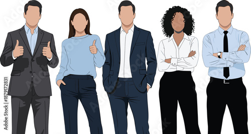 Five business professionals in varied postures and attire, teamwork and corporate culture concept, flat vector illustration