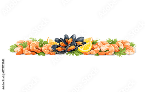 Seafood platter with mussels, shrimps, lemons, and parsley on white background