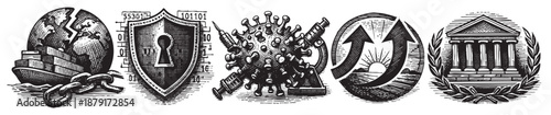 Black and white woodcut style illustrations depicting global crisis, recovery, security, and financial themes, great for business and economic concepts.