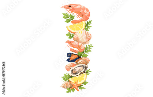 Seafood medley: shrimp, scallops, mussels, oysters, with lemon and parsley
