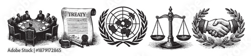 Black and white sketch icons of international law and cooperation including a meeting, treaty, UN symbol, scales, and handshake. Representing justice and diplomacy.