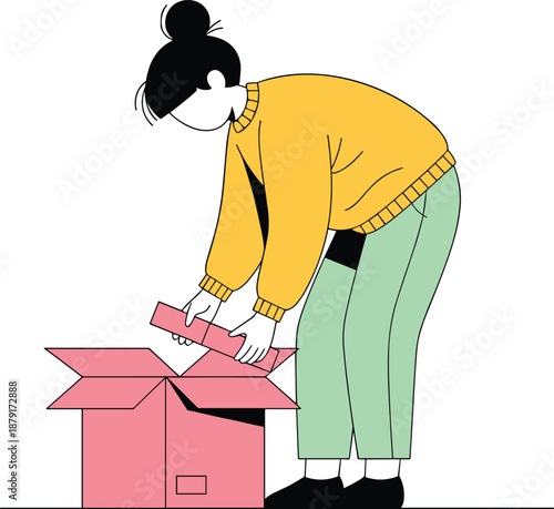 Flat vector illustration of person packing box, casual outfit, organizing items, storage concept, moving activity, minimalist background, clean design