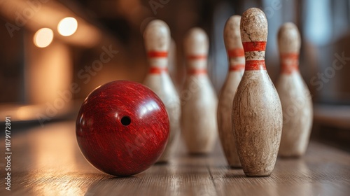 Bowling pins, a wooden bowling alley, a red bowling ball, and a blurry background