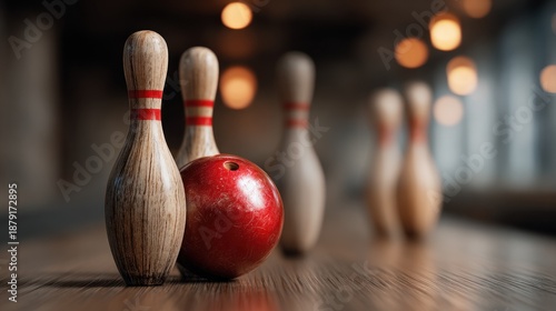 Bowling pins, a wooden bowling alley, a red bowling ball, and a blurry background