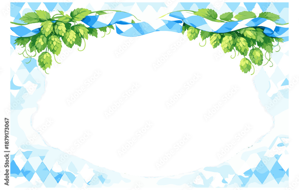 Obraz premium Oktoberfest-themed blank frame with bavarian patterns and green hops