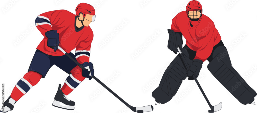 Obraz premium Ice hockey action, goalie defense, player in motion, red jersey, sports gear, competitive match, flat vector illustration, winter sport, dynamic pose