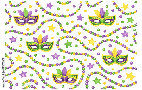 Colorful mardi gras masks and beads pattern with stars and feathers in green, purple, and yellow