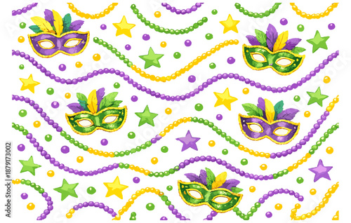 Colorful mardi gras masks and beads pattern with stars and feathers