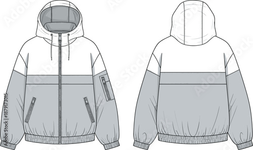 Hooded winter jacket front and back view, casual outerwear design with zipper pockets, unisex fashion apparel template, flat vector illustration