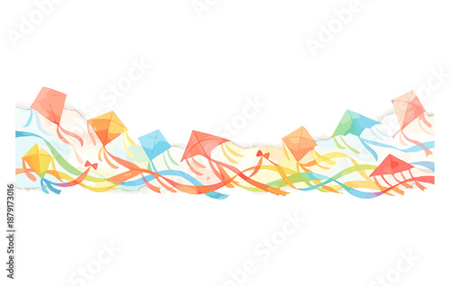 Colorful kites swaying in the sky with vibrant ribbons on a sunny day